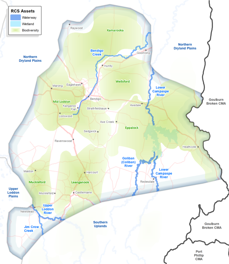 Map of Bendigo Goldfields Local Area, with RCS priority assets