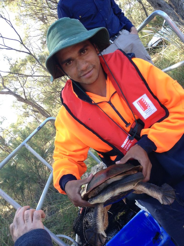 Photo of Ashton Cashion from Woka Walla crew with a Broad-shelled Turtle